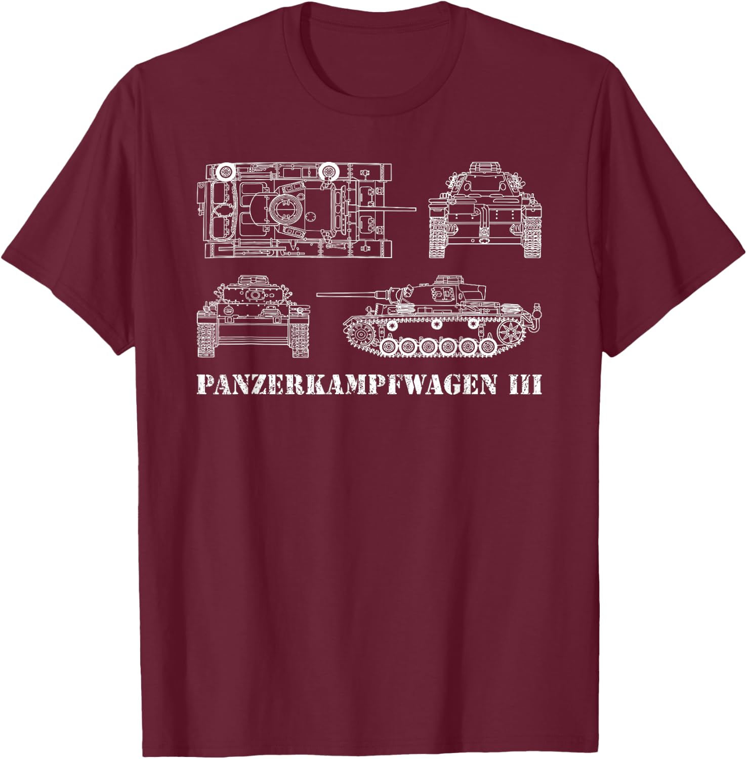 Panzer III Tank Gift German Blueprint WW2 T-Shirt - T-Shirt | Maroon