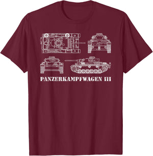 Panzer III Tank Gift German Blueprint WW2 T-Shirt - T-Shirt | Maroon