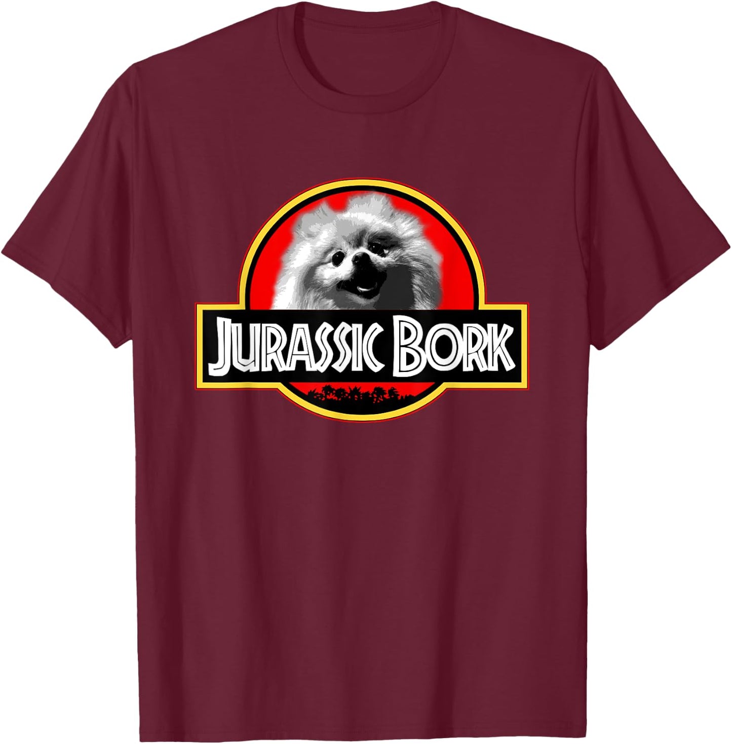 KBX Jurassic Bork Doggo Pomeranian Funny - Black, Adult, , Short Sleeve, Classic Fit, Small T-Shirt - T-Shirt | Maroon