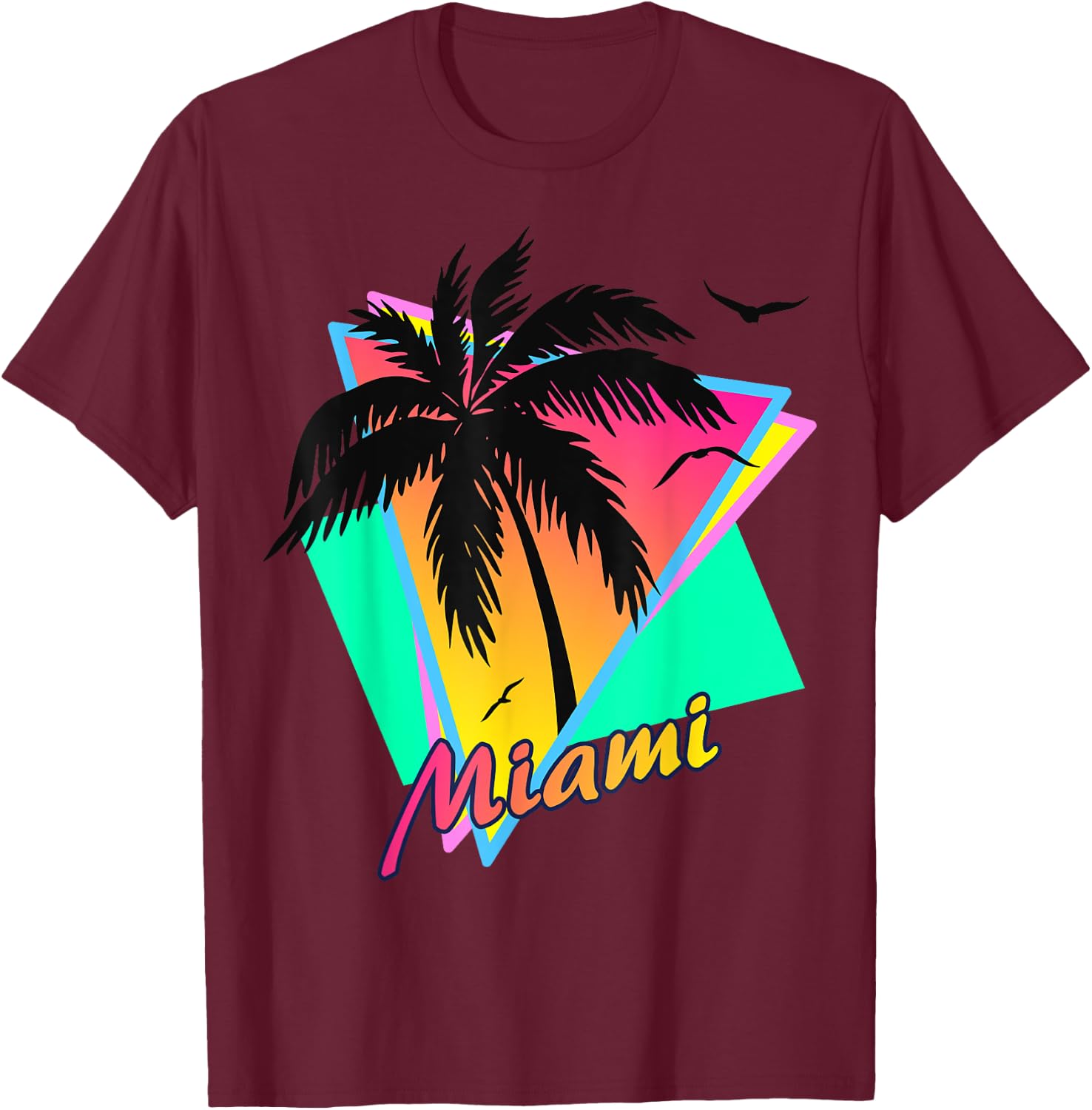 Miami 80s Tropical Summer And Beach Palm Tree Sunset T-Shirt - T-Shirt | Maroon