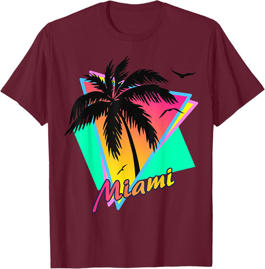 Miami 80s Tropical Summer And Beach Palm Tree Sunset T-Shirt - T-Shirt | Maroon