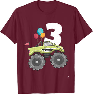 Kids Monster Truck Shark 3rd Birthday Boy 3 Three Year Old T-Shirt - T-Shirt | Maroon