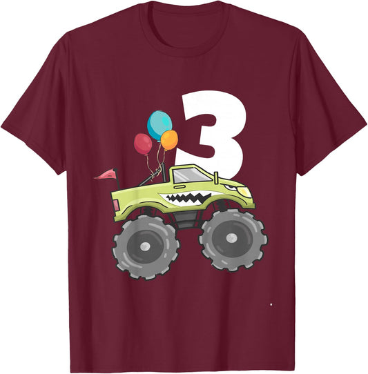 Kids Monster Truck Shark 3rd Birthday Boy 3 Three Year Old T-Shirt - T-Shirt | Maroon