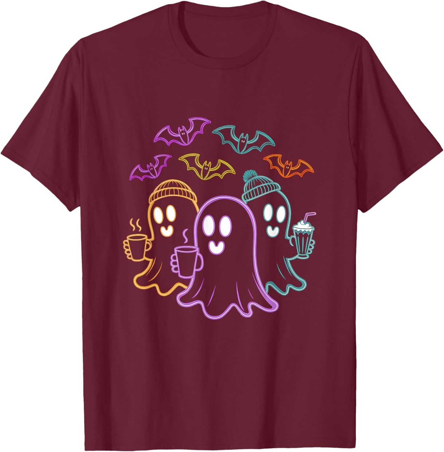 Ghosts Coffee Crew Cute Halloween Design T-Shirt - T-Shirt | Maroon