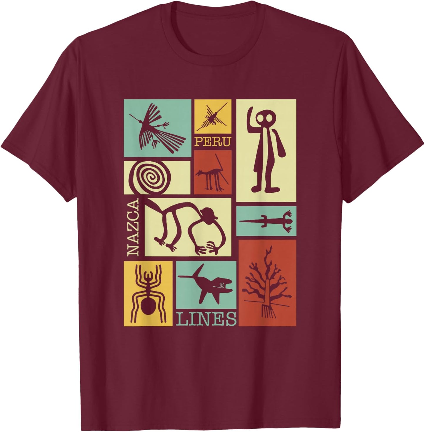 National Introvert Society Nazca Lines Peru Geoglyphs Retro - Black, Small, , Short Sleeve, Classic Fit T-Shirt - T-Shirt | Maroon
