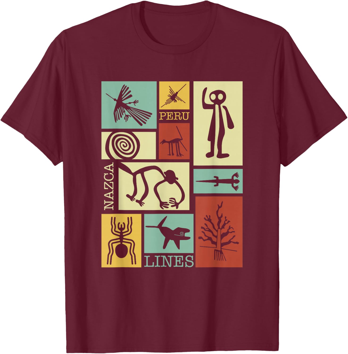 National Introvert Society Nazca Lines Peru Geoglyphs Retro - Black, Small, , Short Sleeve, Classic Fit T-Shirt - T-Shirt | Maroon