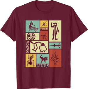 National Introvert Society Nazca Lines Peru Geoglyphs Retro - Black, Small, , Short Sleeve, Classic Fit T-Shirt - T-Shirt | Maroon
