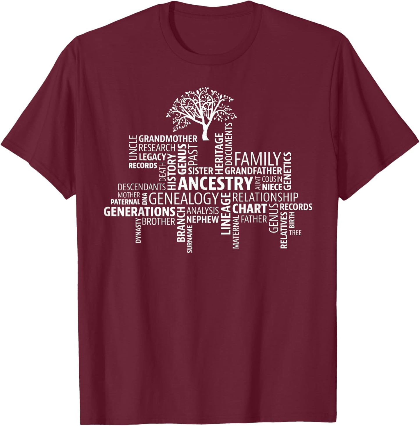 Genealogy, Ancestry, Word Cloud Research your family T-Shirt - T-Shirt | Maroon
