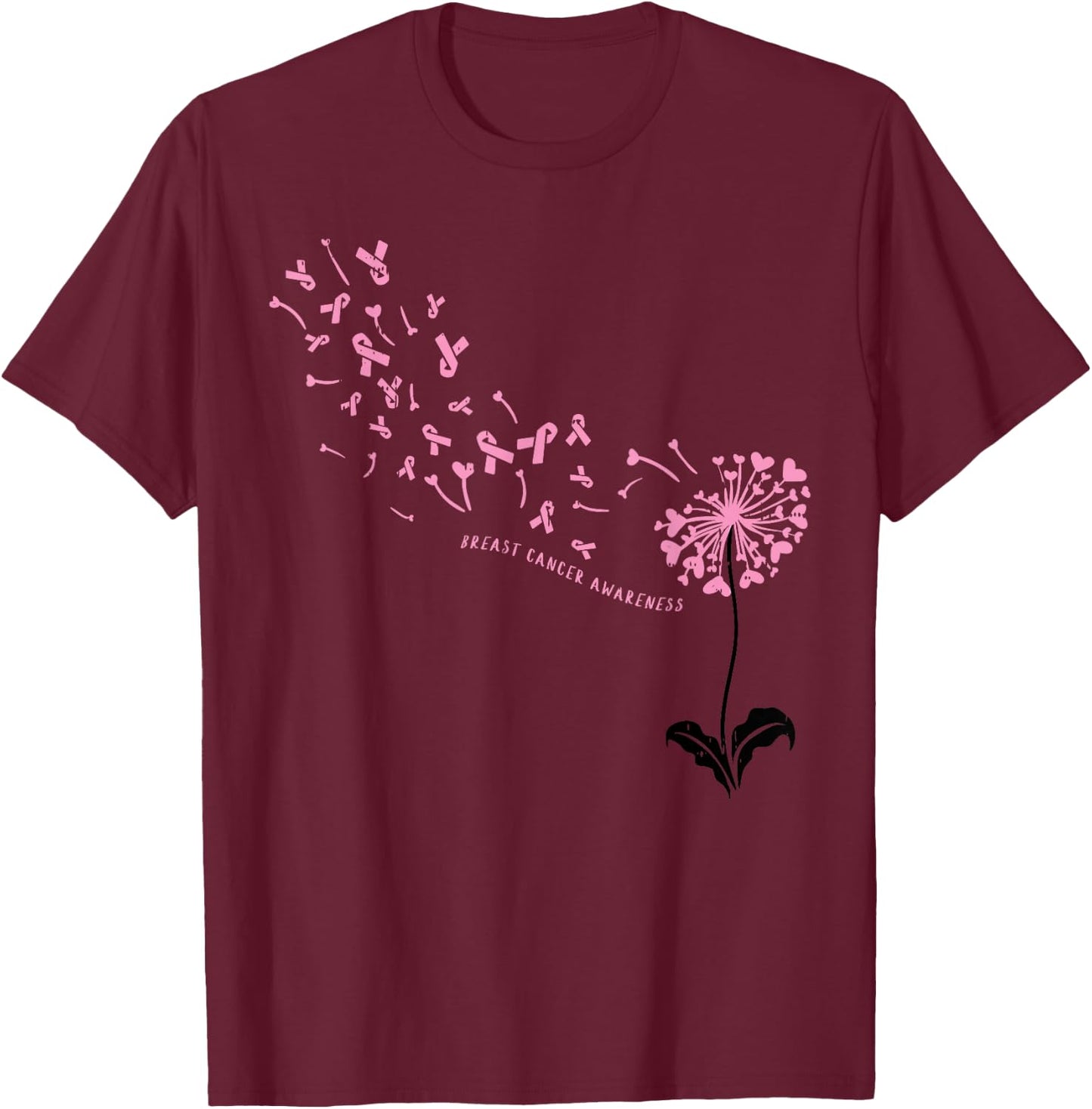 Dandelion Breast Cancer Awareness Pink RIbbon Support Gift T-Shirt - T-Shirt | Maroon