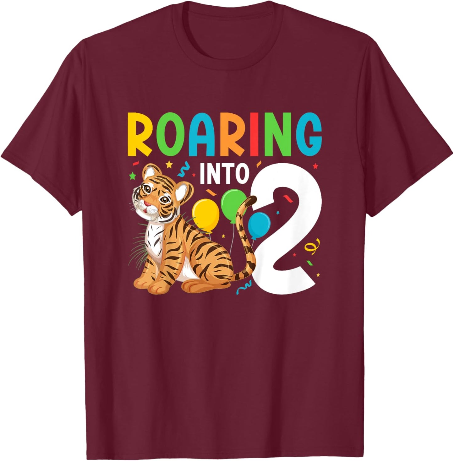Kids 2nd Tiger Birthday Party Two Year Old Boy Tiger Birthday T-Shirt - T-Shirt | Maroon