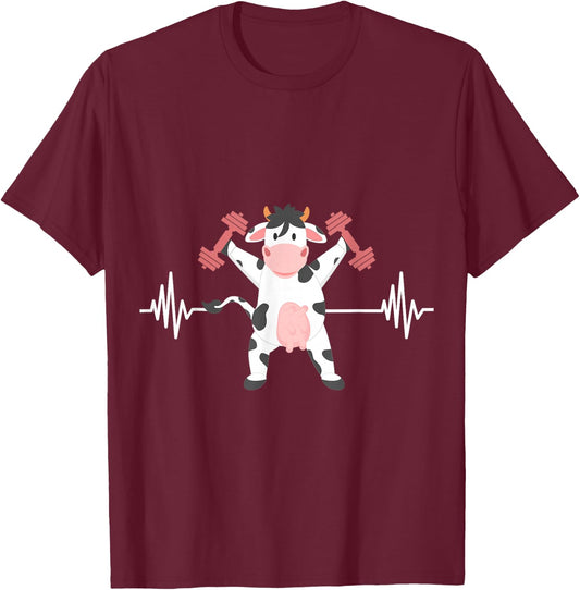 Weightlifter Strong Cow Valve ECG Heartbeat Heart Patient T-Shirt - T-Shirt | Maroon