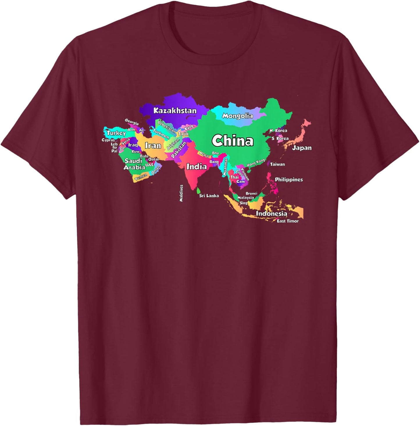 Political map of Asia borders and country names T-Shirt - T-Shirt | Maroon