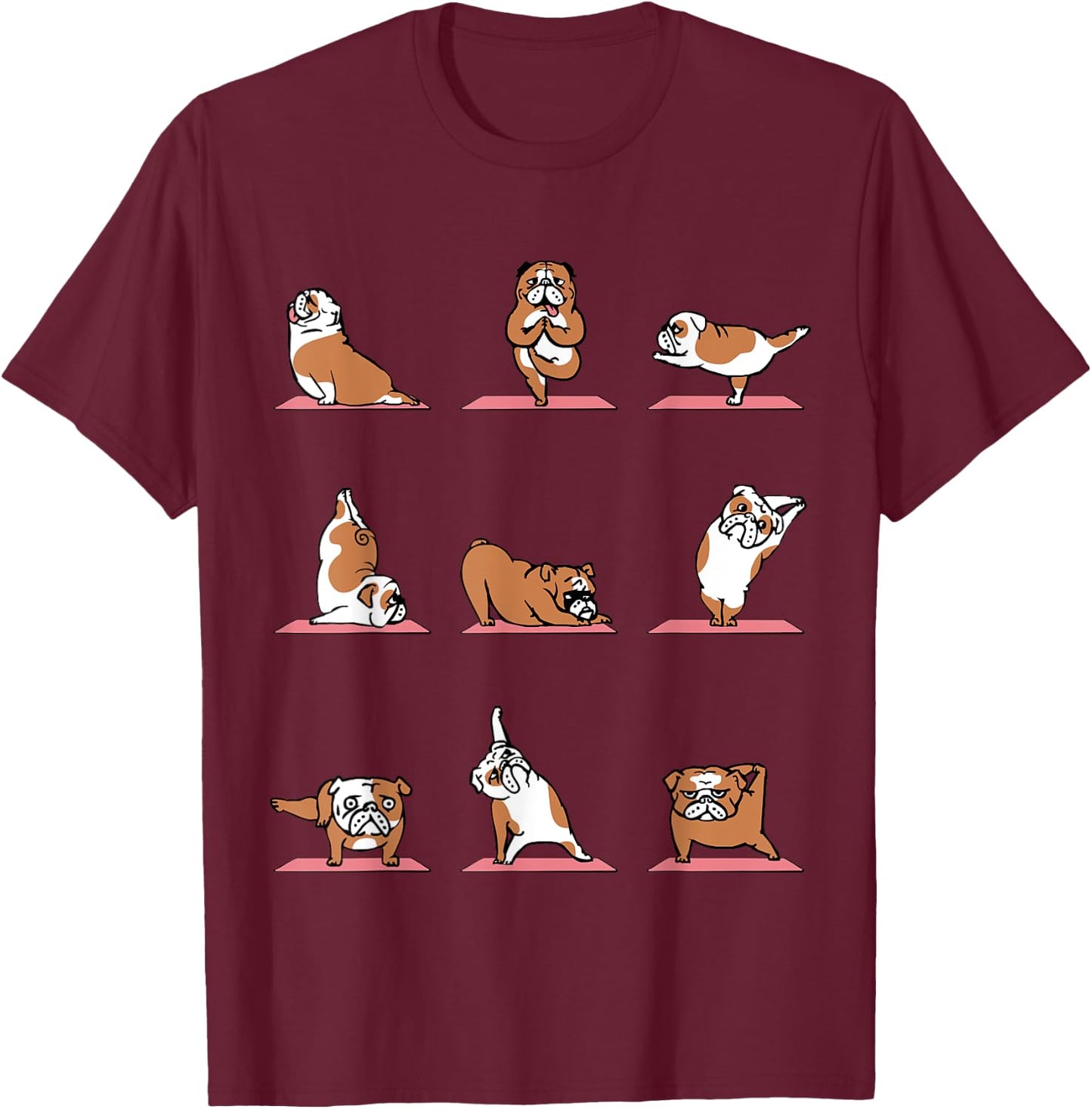 English Bulldog Yoga Puppy Yoga Poses and Meditation T-Shirt - T-Shirt | Maroon