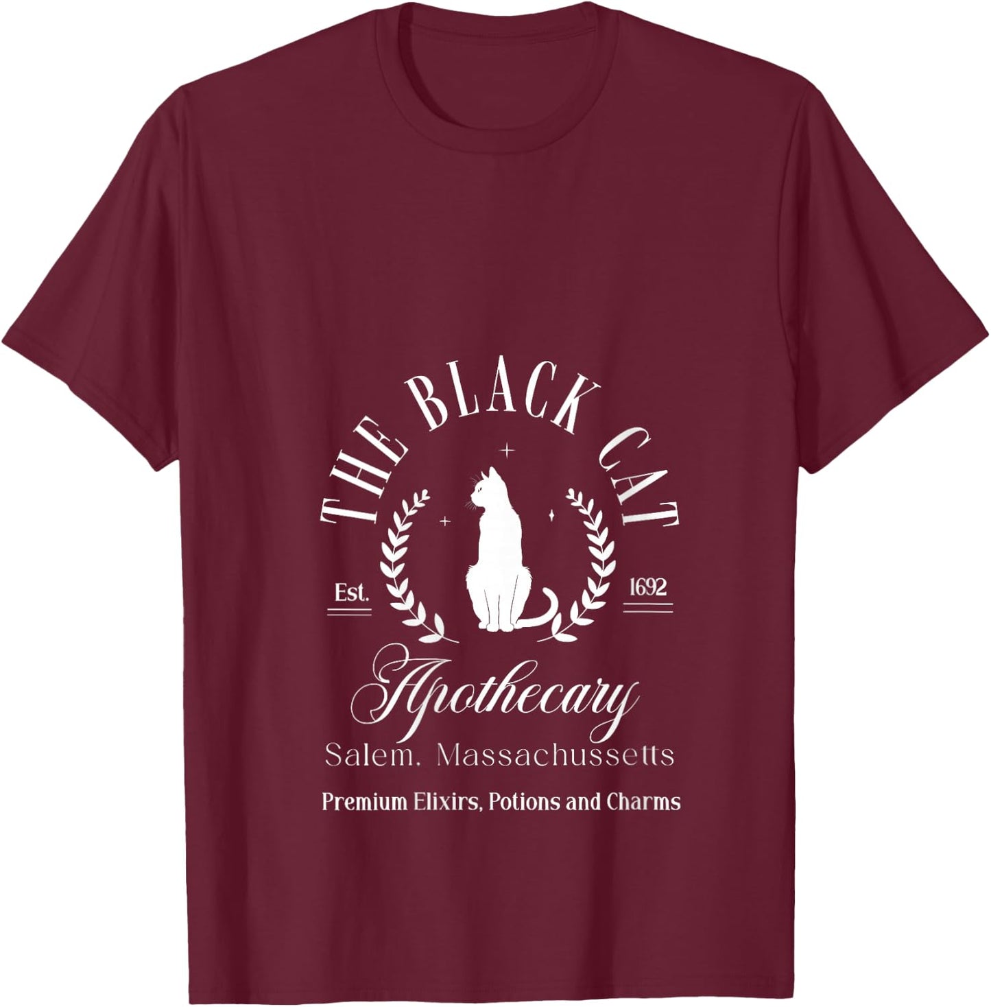 Retro Black Cat Apothecary Witchy Wicca Spooky Halloween V-Neck T-Shirt - T-Shirt | Maroon