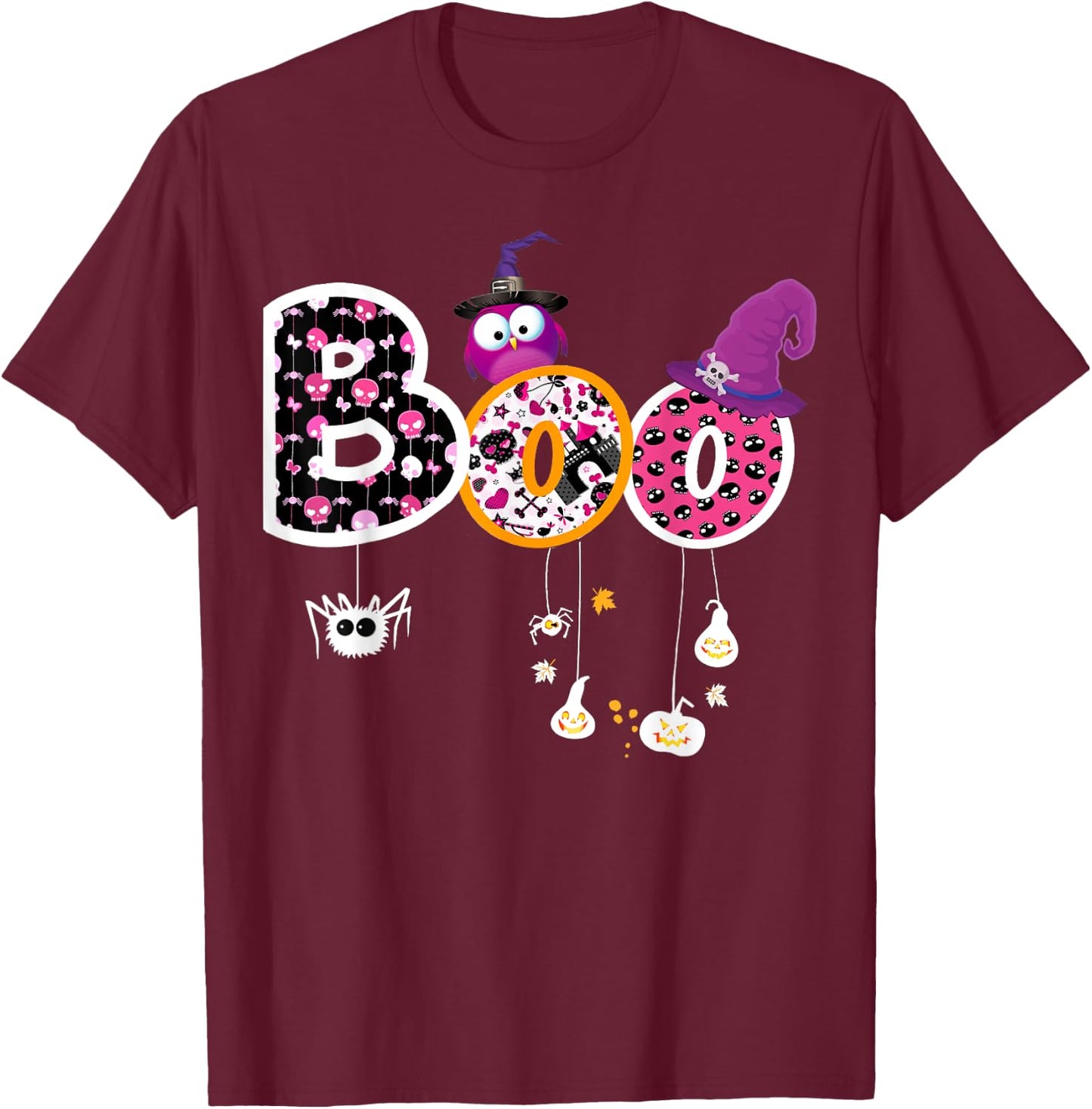 Boo Halloween Costume Spiders, Ghosts, Pumkin & Witch Hat T-Shirt - T-Shirt | Maroon