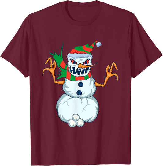 Evil Snowman Creepy Clip Art Christmas Horror Snowman Design T-Shirt - T-Shirt | Maroon