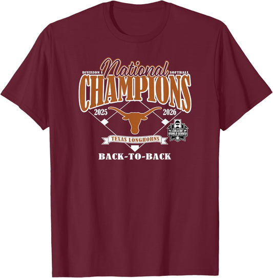 Texas Longhorns National Champs 2026 Softball WCWS Repeat T-Shirt - T-Shirt | Maroon
