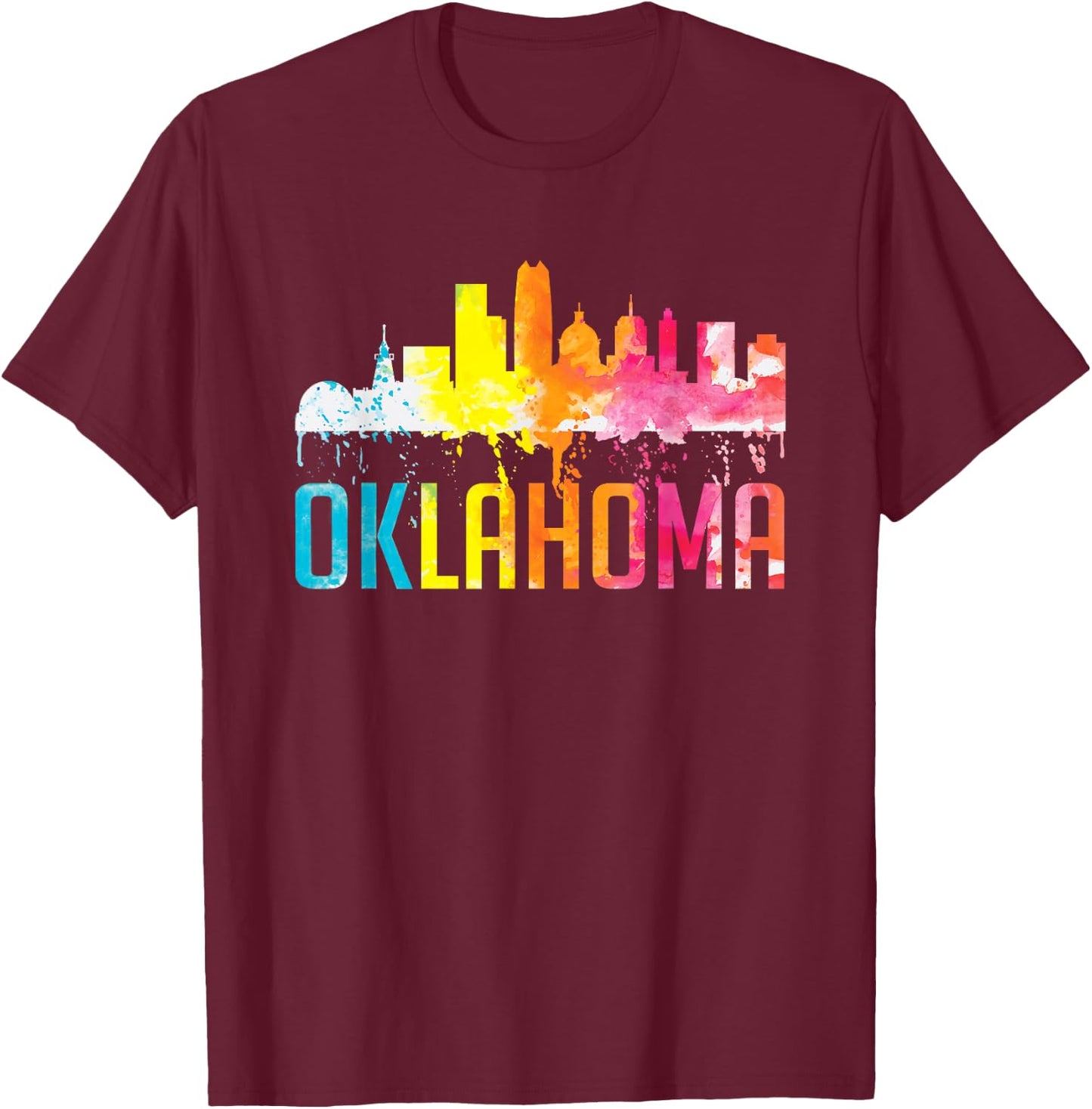Oklahoma City OK Retro Watercolor Skyline Art Souvenir Gift T-Shirt - T-Shirt | Maroon
