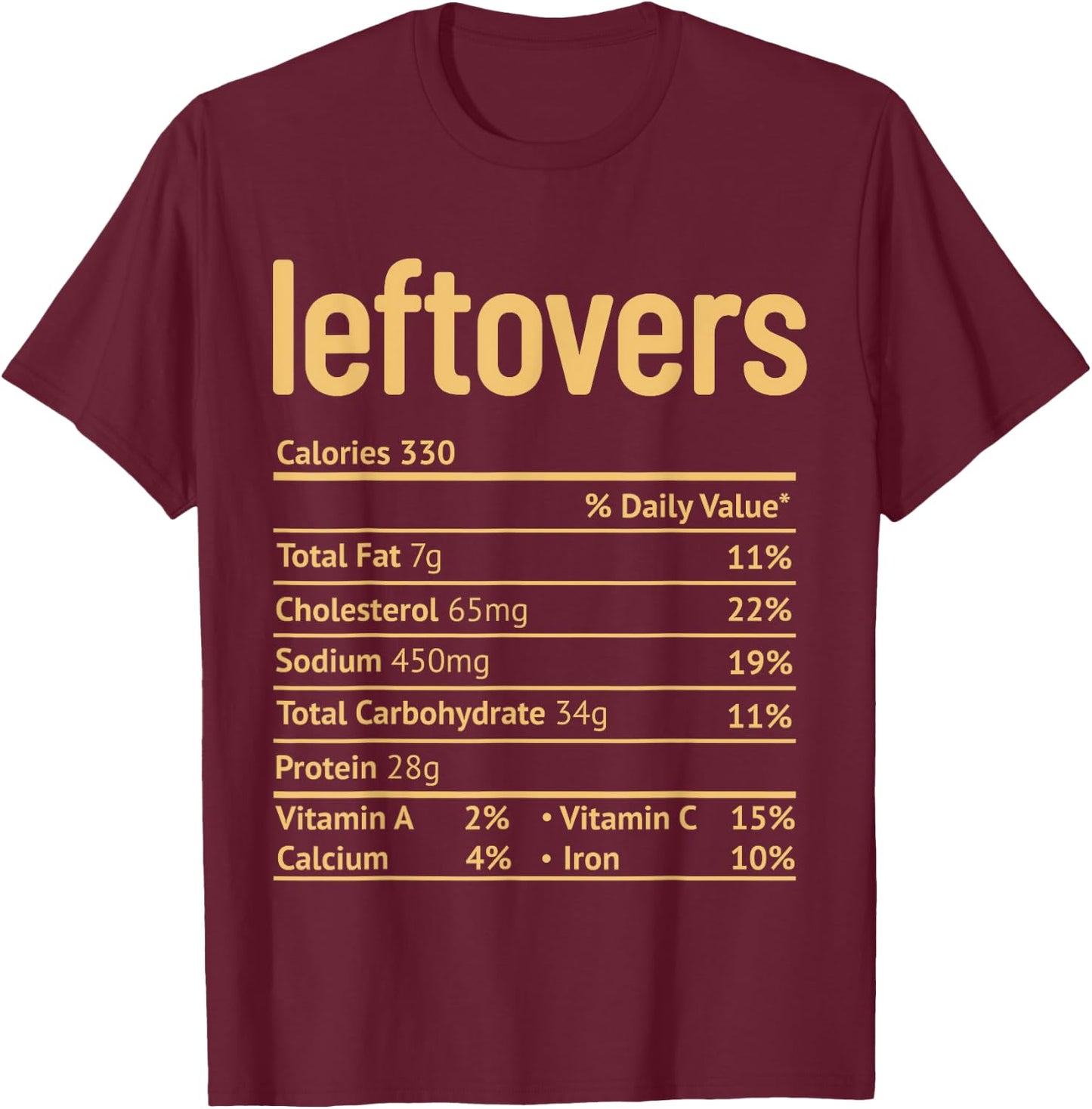 Leftovers Nutrition Facts Funny Thanksgiving Christmas food T-Shirt - T-Shirt | Maroon