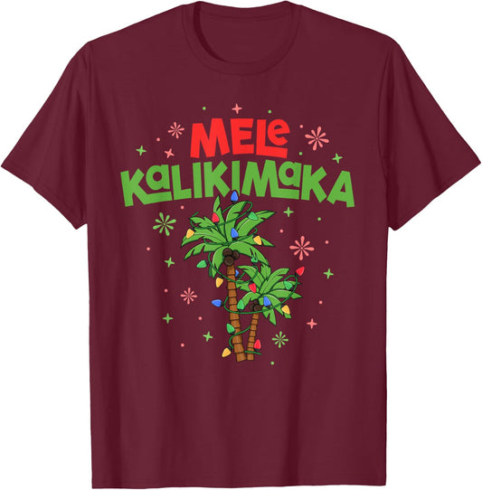 Mele Kalikimaka Hawaiian Christmas Palm Tree Lights Xmas T-Shirt - T-Shirt | Maroon