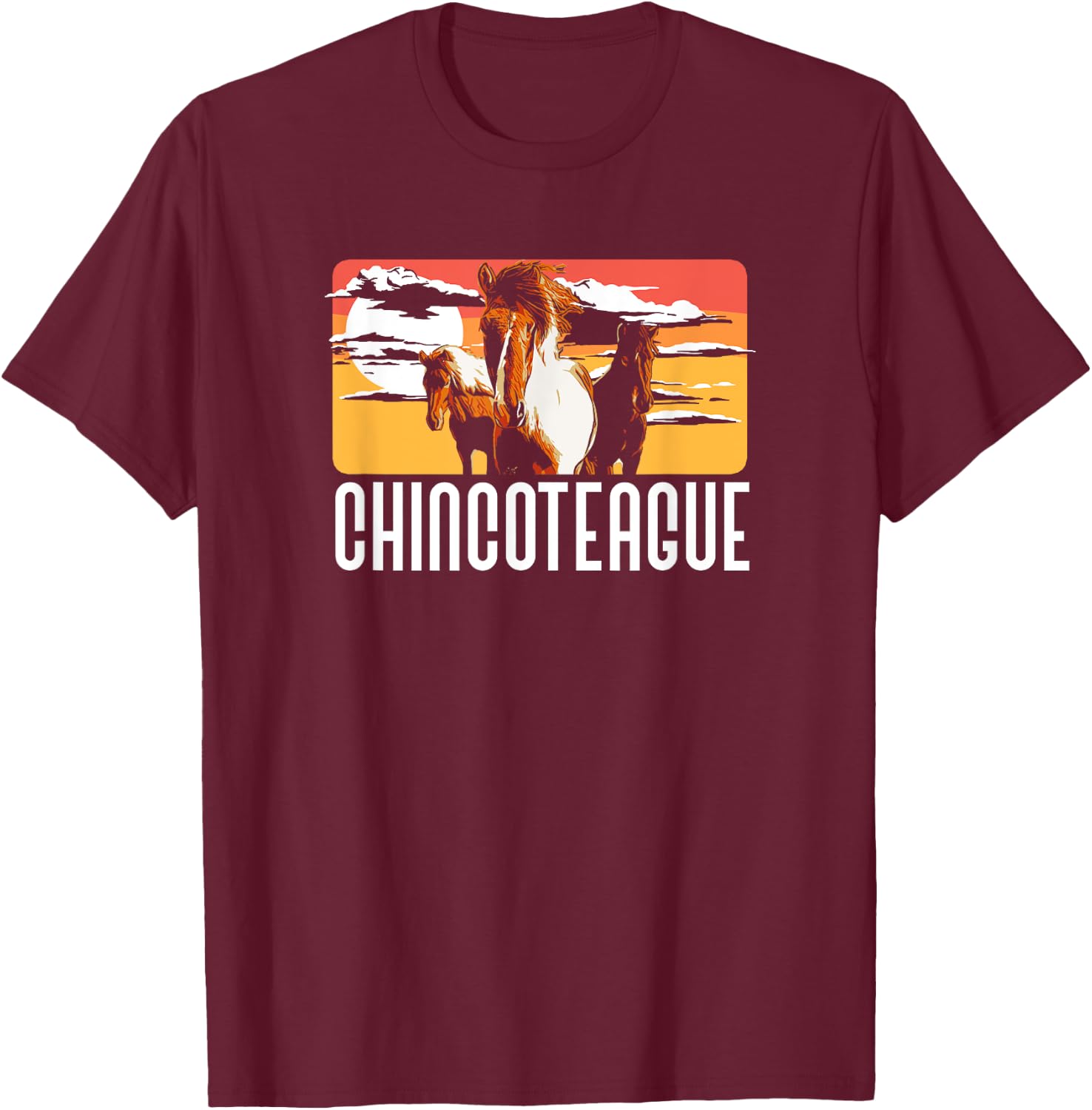 Retro Chincoteague Island Wild Pony Horse 80s Graphic T-Shirt - T-Shirt | Maroon