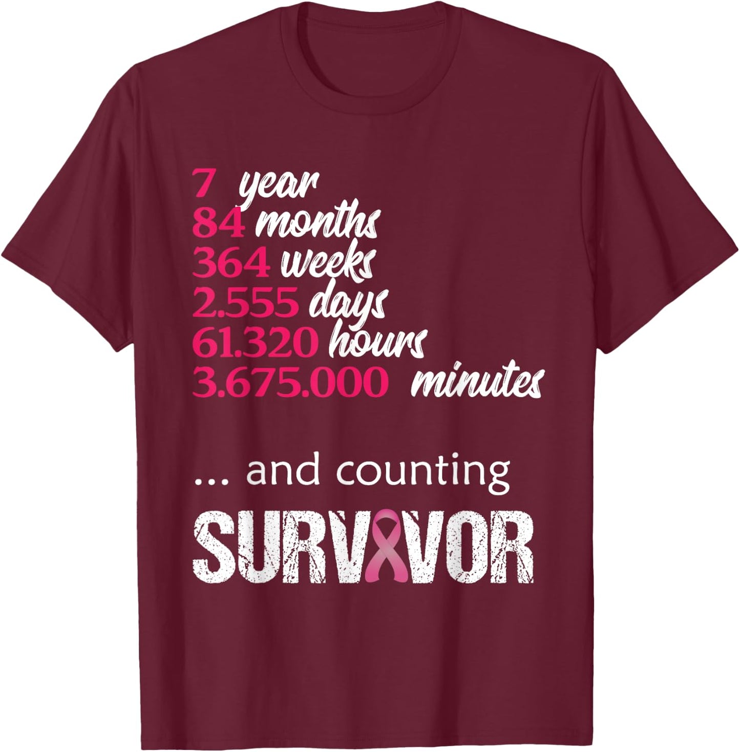 Seven 7 Years Survivor Breast Cancer Shirt Awareness Gift T-Shirt - T-Shirt | Maroon