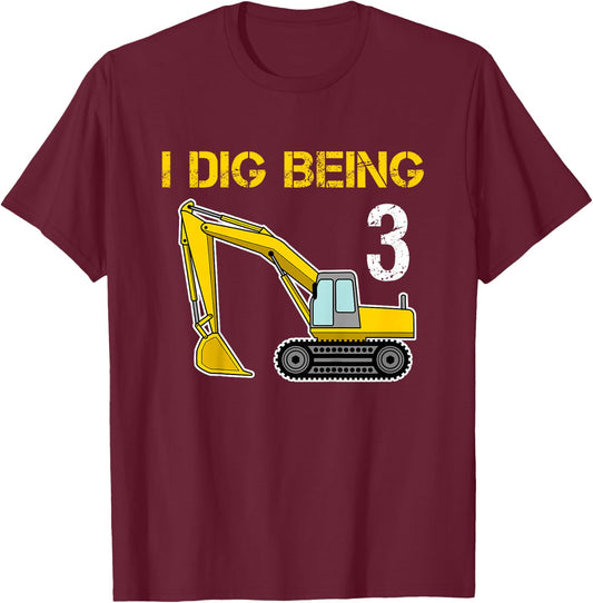 Boys Third Birthday T Shirt - I Dig Being 3 Excavator T-Shirt - T-Shirt | Maroon