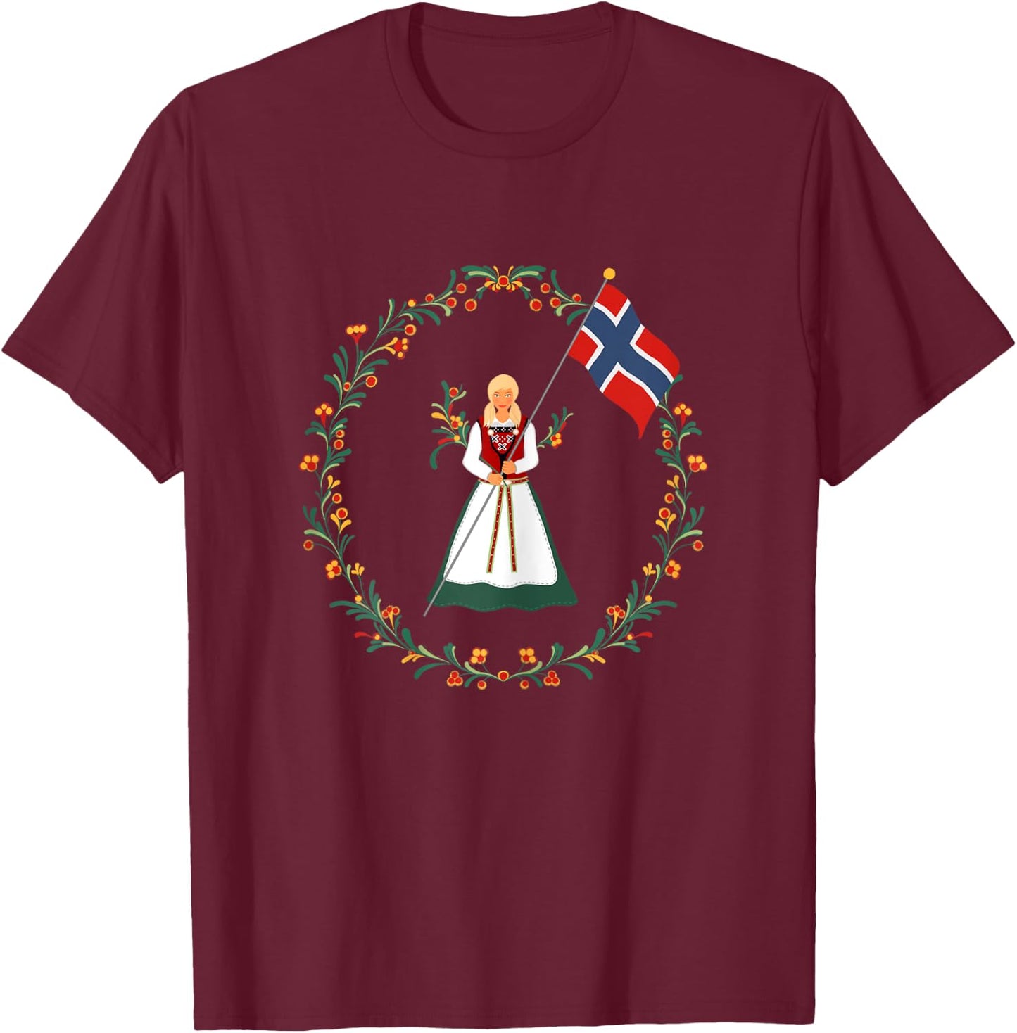 Bunad Norway Girl Costume Rosemaling Norwegian T-Shirt - T-Shirt | Maroon