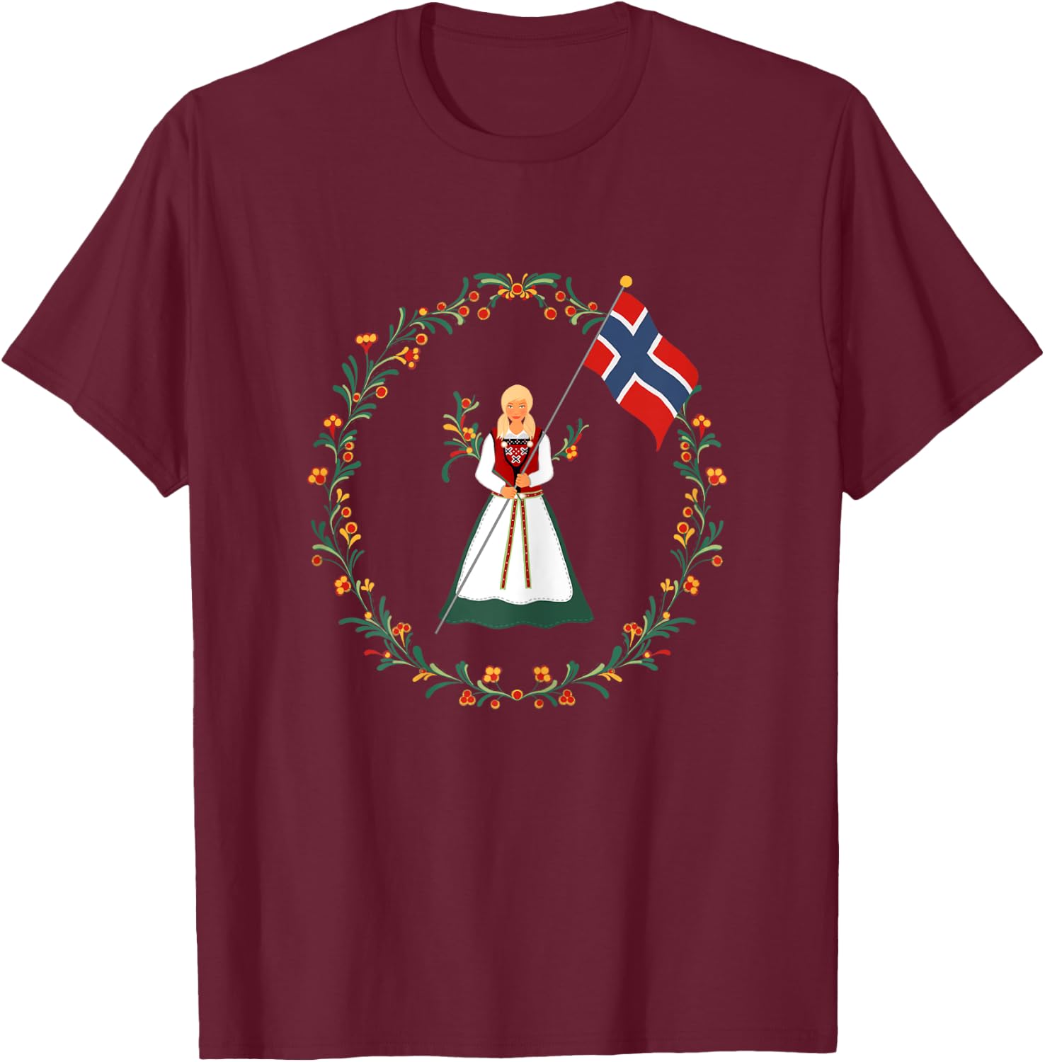Bunad Norway Girl Costume Rosemaling Norwegian T-Shirt - T-Shirt | Maroon