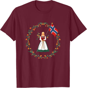Bunad Norway Girl Costume Rosemaling Norwegian T-Shirt - T-Shirt | Maroon