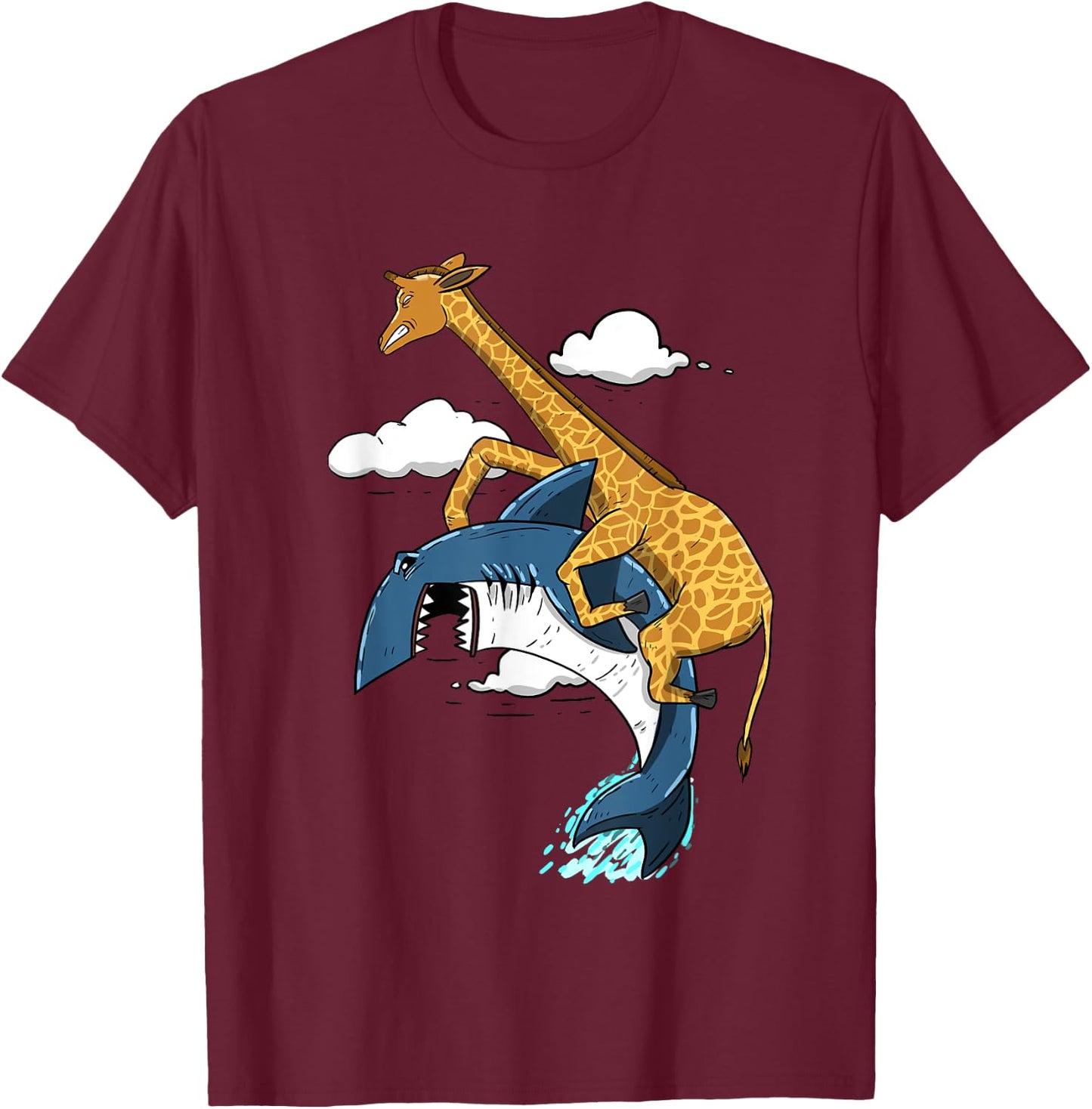 Giraffe Riding Shark Funny Animal Lover Girls Gift T-Shirt - T-Shirt | Maroon