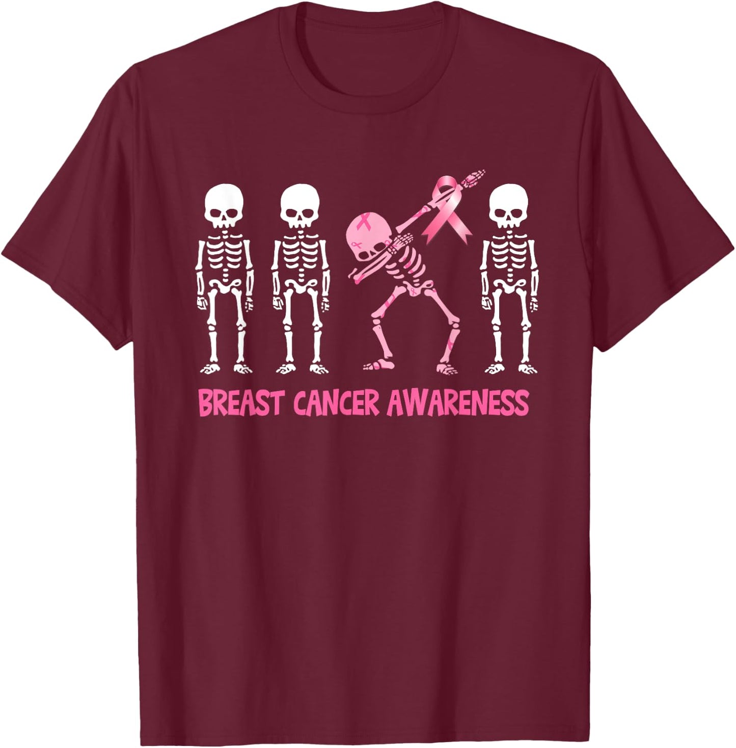 Dabbing Skeleton Pink Ribbon Breast Cancer Halloween T-Shirt - T-Shirt | Maroon
