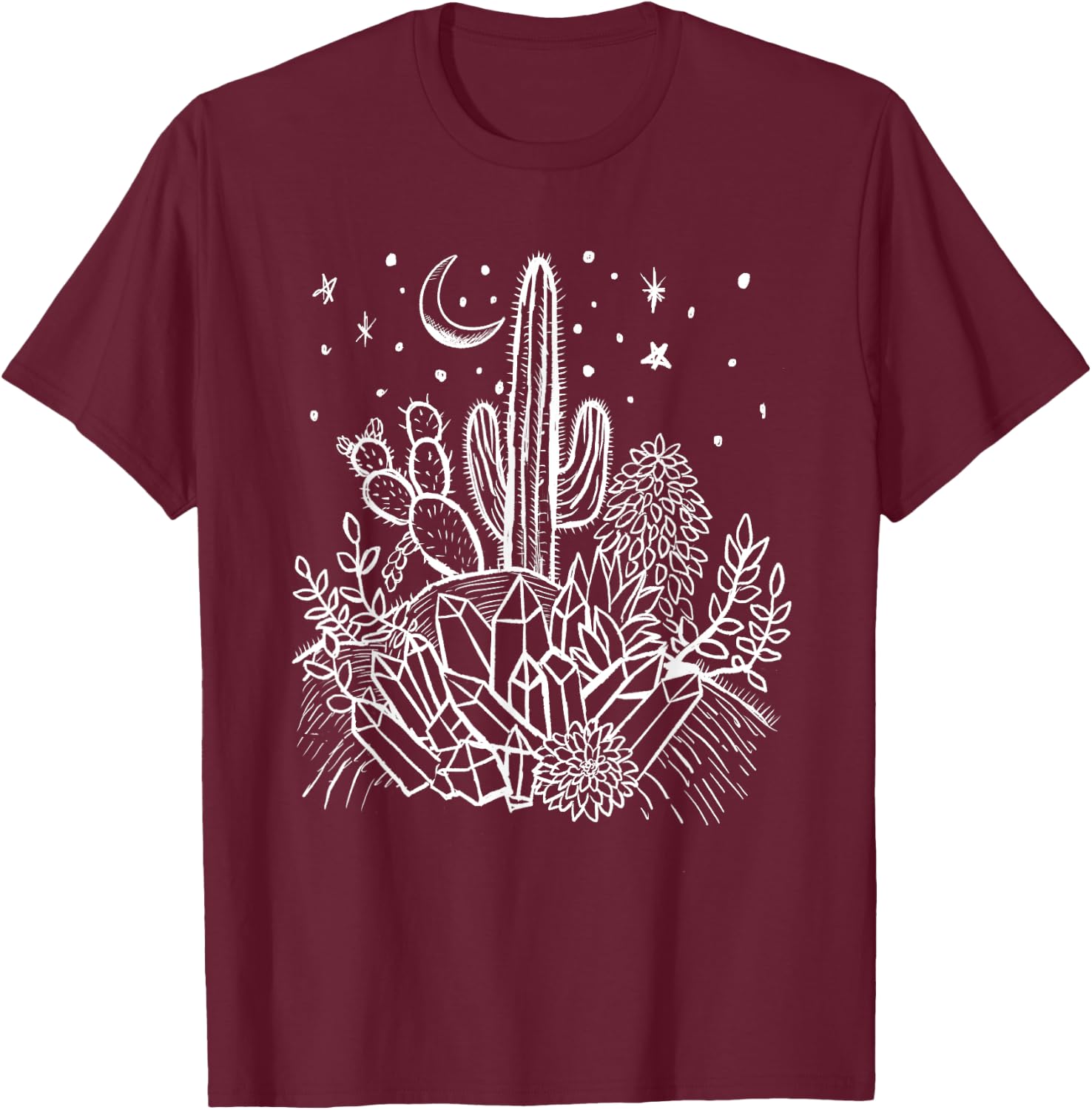 Cactus, Crystals, Succulents Desert Moon Witchy Goth T-Shirt - T-Shirt | Maroon