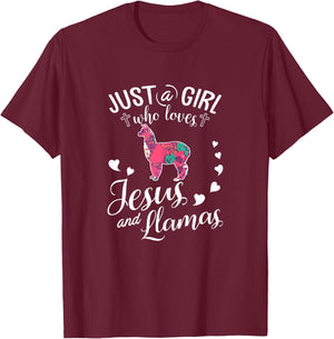 Just A Girl Who Loves Jesus And Llamas T Shirt Farmer Lover T-Shirt - T-Shirt | Maroon