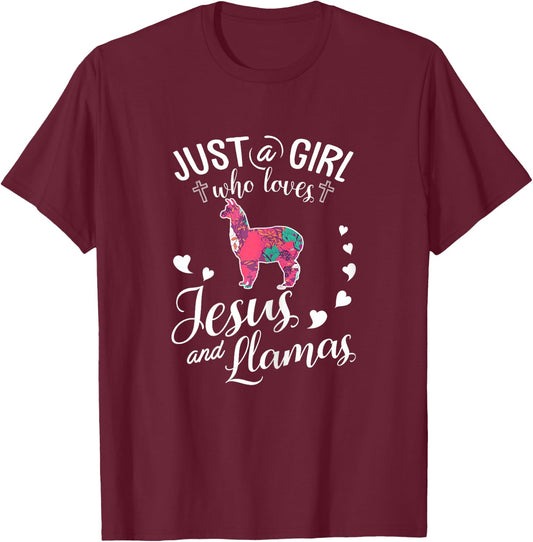 Just A Girl Who Loves Jesus And Llamas T Shirt Farmer Lover T-Shirt - T-Shirt | Maroon