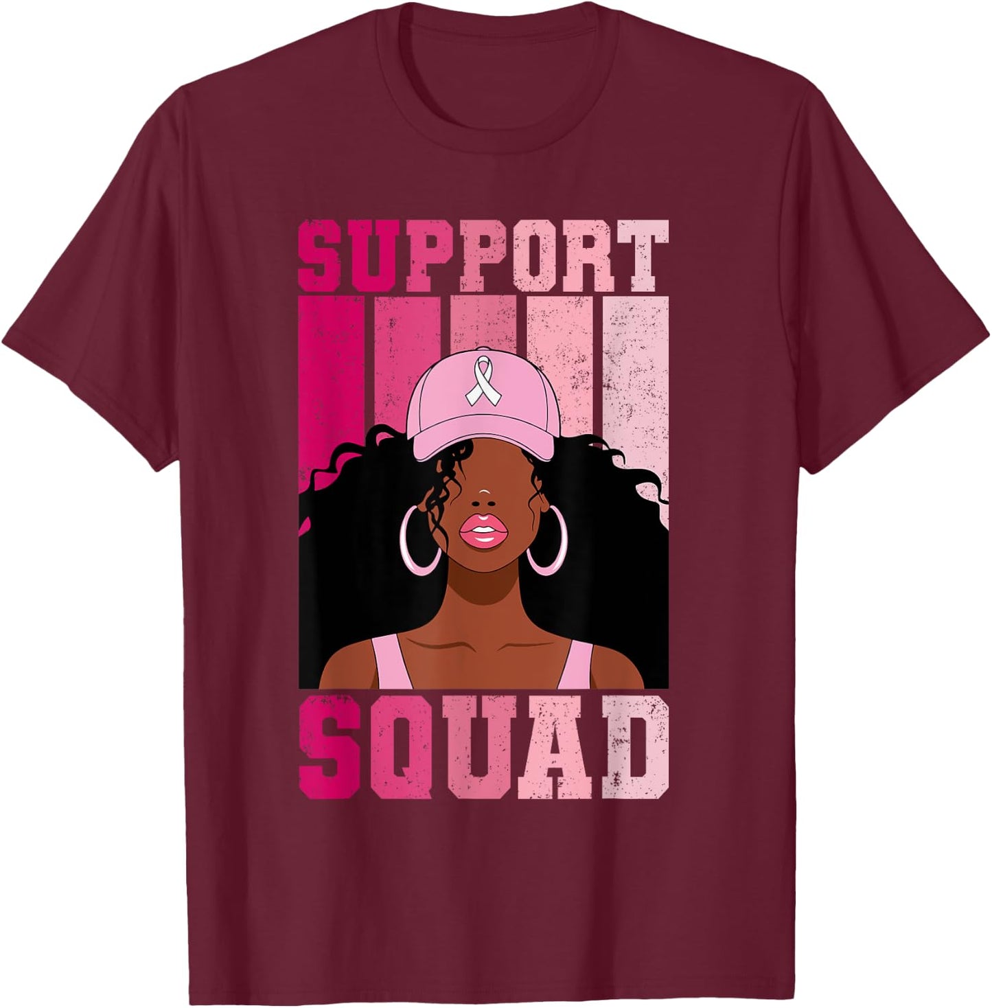 Black Woman Pink Ribbon October Breast Cancer Support Squad T-Shirt - T-Shirt | Maroon