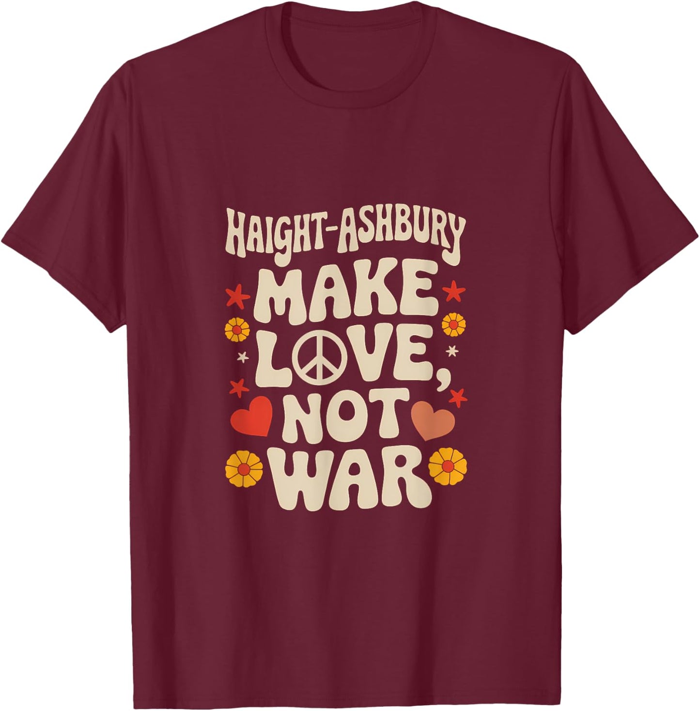 Haight Ashbury: Make Love Not War Retro Harmony Design T-Shirt - T-Shirt | Maroon