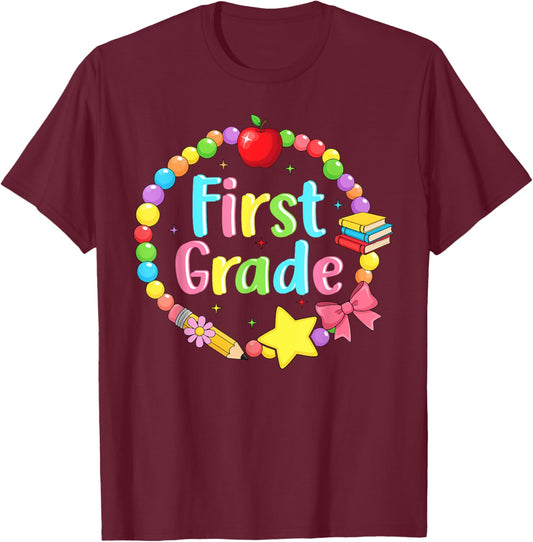 First Grade Colorful Back to School T-Shirt - T-Shirt | Maroon