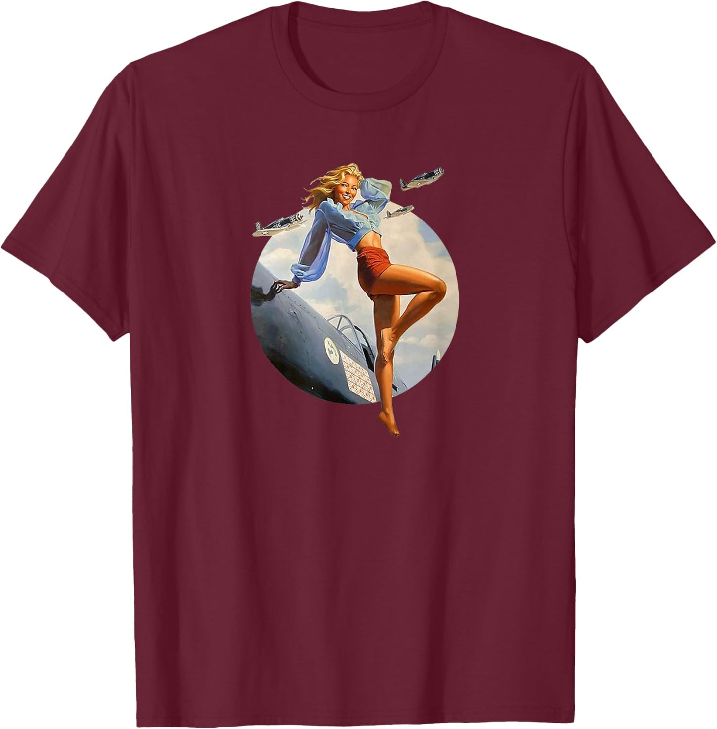 Pin up Girl Blonde Air Force in WW2 40's T-Shirt - T-Shirt | Maroon