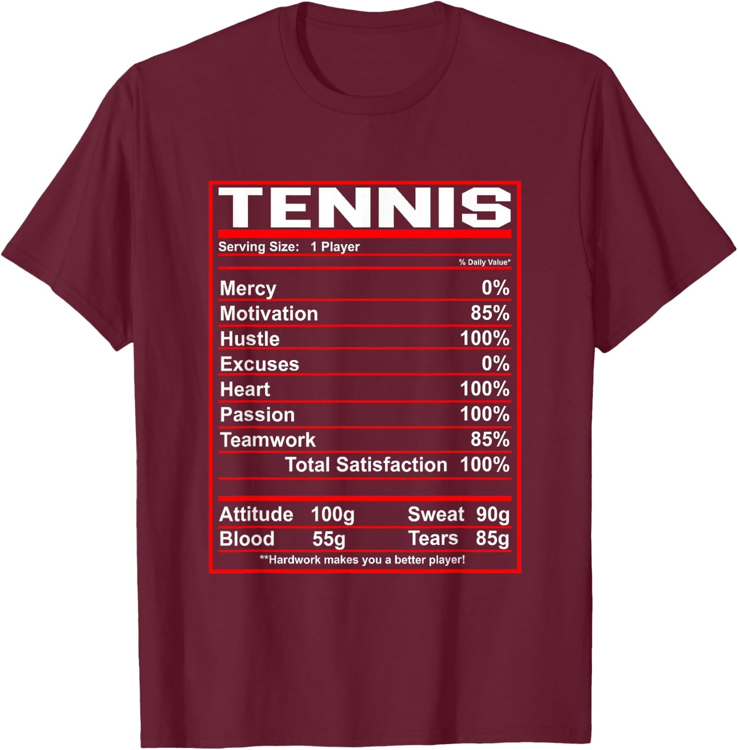 Funny Tennis Nutrition Facts T-Shirt - T-Shirt | Maroon
