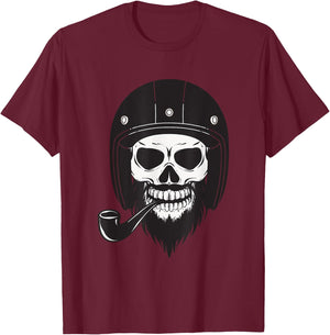 Cool Bearded Skull Pipe Smoking Design Biker Men Woman T-Shirt - T-Shirt | Maroon