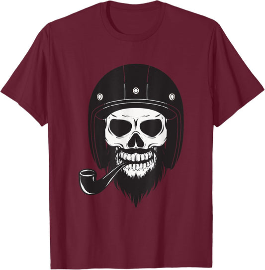 Cool Bearded Skull Pipe Smoking Design Biker Men Woman T-Shirt - T-Shirt | Maroon