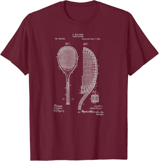 Vintage 1891 Tennis Racket Patent Drawing Gift T-Shirt - T-Shirt | Maroon