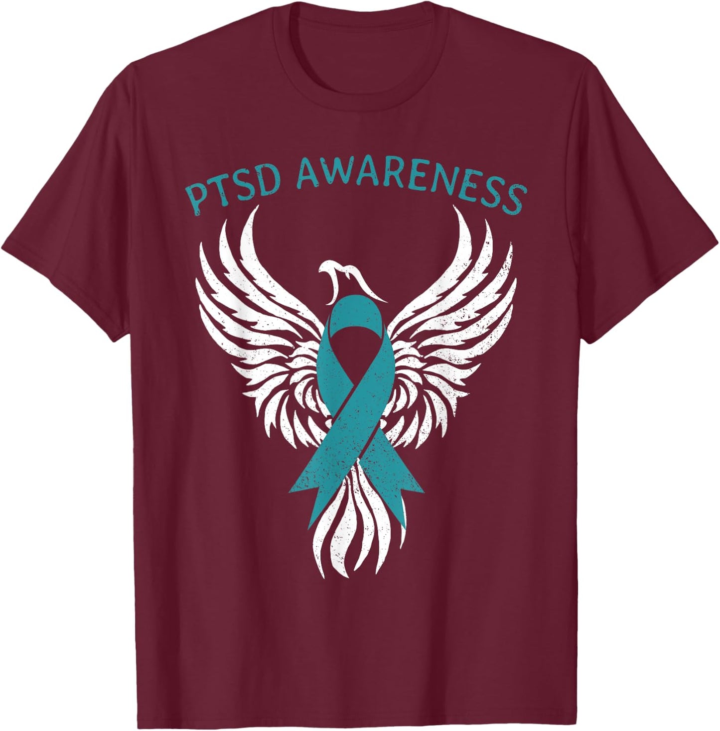 Rise of The Phoenix PTSD Awareness Month Teal Ribbon T-Shirt - T-Shirt | Maroon