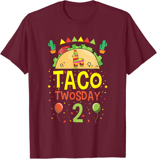 Taco Twosday 2 Two Year Old Boy Girl Birthday Gift T-Shirt - T-Shirt | Maroon