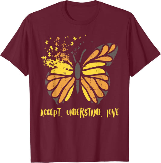 Accept Understand Love Butterfly Shirt Autism Awareness T-Shirt - T-Shirt | Maroon