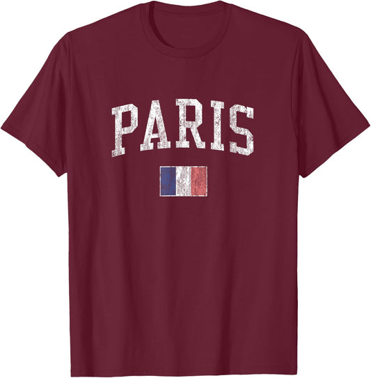 Paris France Vintage Sports Design French Flag T-Shirt - T-Shirt | Maroon