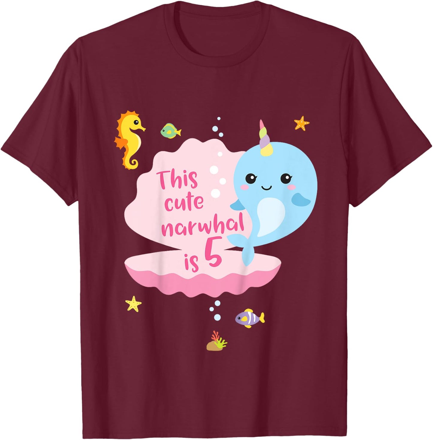 5th Birthday 5 Year Old Girl Boy Gift Narwhal Sea Unicorn T-Shirt - T-Shirt | Maroon