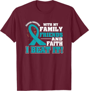 Family Faith I Beat It Ovarian Cancer Awareness Ribbon Gifts T-Shirt - T-Shirt | Maroon