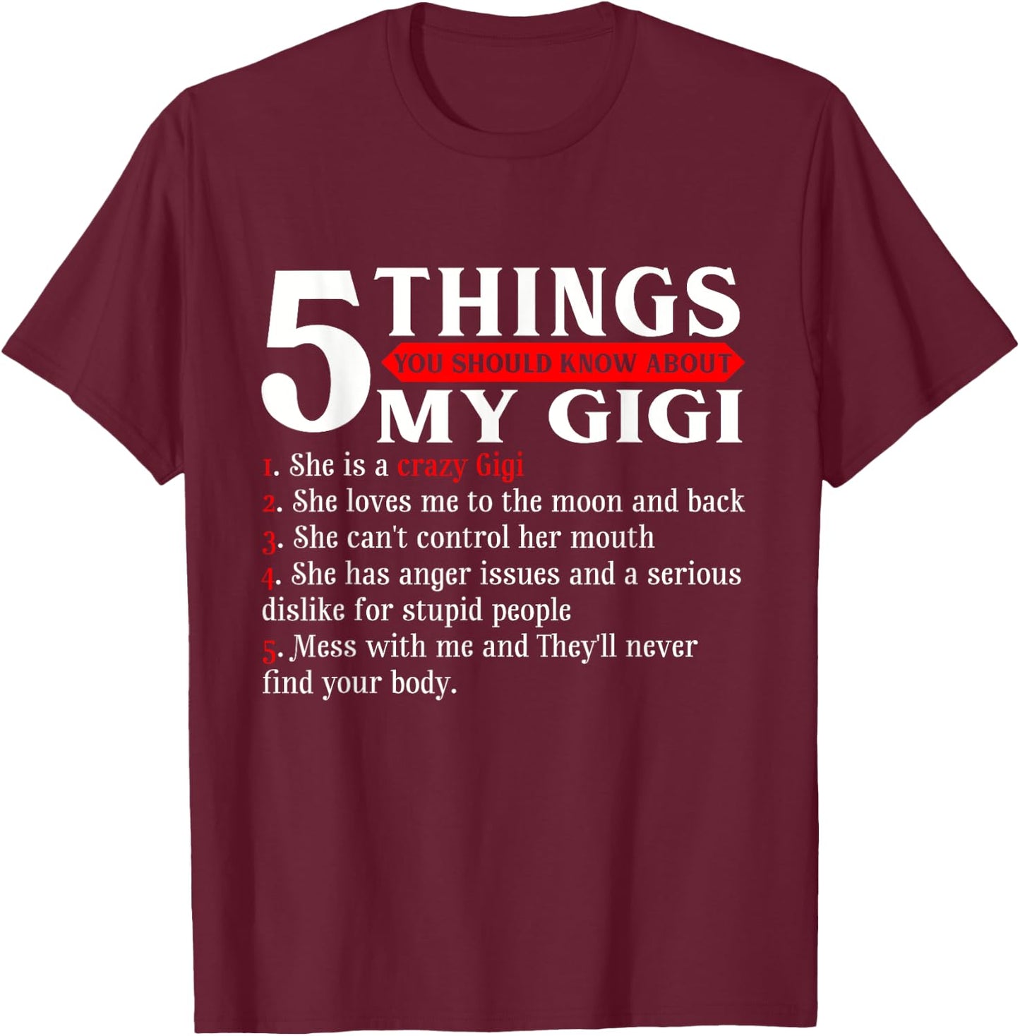 5 Things You Should Know About My Gigi Mother's Day T-Shirt - T-Shirt | Maroon